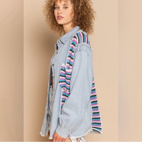 POL Crochet Denim Jean Jacket Shacket size Large - Picture 2 of 7